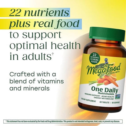 MegaFood One Daily Multivitamin for Women and Men, Immune Support Supplement with Real Food, Vitamin C & Vitamin B, Bone Health, Cellular Energy Metabolism, Vegetarian, Non-GMO, 90 Tablets - dailyvitalstore