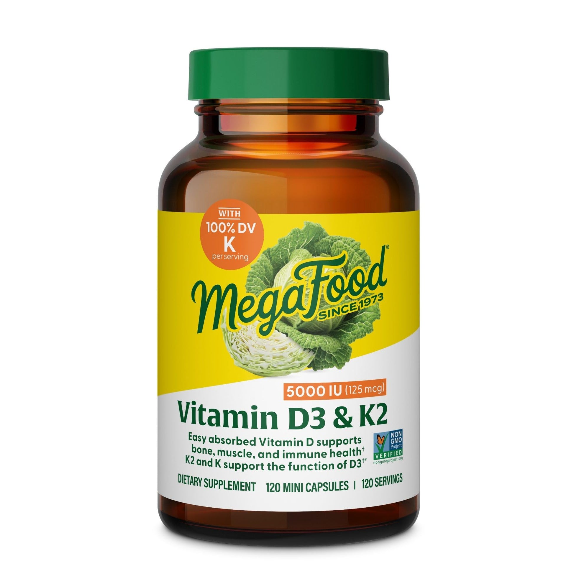 MegaFood Vitamin D3 5000 IU (125 mcg) - Vegetarian Supplements with Vitamin D3 K2 - Supports Bones, Teeth, Muscles & Immune Health - Certified Non-GMO - 120 Mini Capsules, 120 Servings - dailyvitalstore
