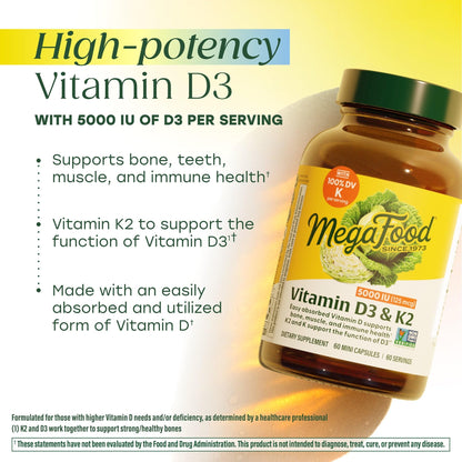MegaFood Vitamin D3 5000 IU (125 mcg) - Vegetarian Supplements with Vitamin D3 K2 - Supports Bones, Teeth, Muscles & Immune Health - Certified Non-GMO - 120 Mini Capsules, 120 Servings - dailyvitalstore