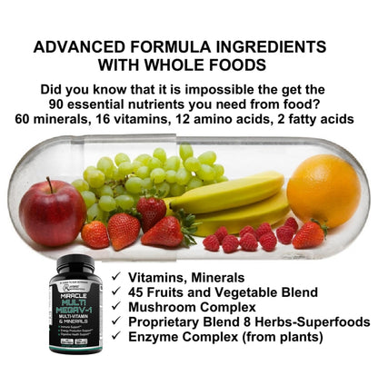MEGAV-1 Multi-Vitamin, Superfood & Minerals - Daily Multivitamin with Probiotics, Digestive Enzyme, Mushroom Complex for Heart Health, Immune Support, Energy & Stamina - 90 Tablets - dailyvitalstore