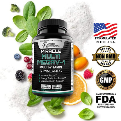 MEGAV-1 Multi-Vitamin, Superfood & Minerals - Daily Multivitamin with Probiotics, Digestive Enzyme, Mushroom Complex for Heart Health, Immune Support, Energy & Stamina - 90 Tablets - dailyvitalstore