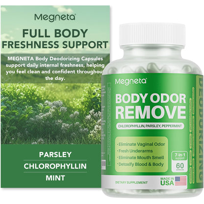 MEGNETA Body Deodorizing Supplement, Natural Internal Odor Control Pills for Men & Women, Chlorophyll Capsules for Skin, Breath and Gut Health (60 Capsules) - dailyvitalstore