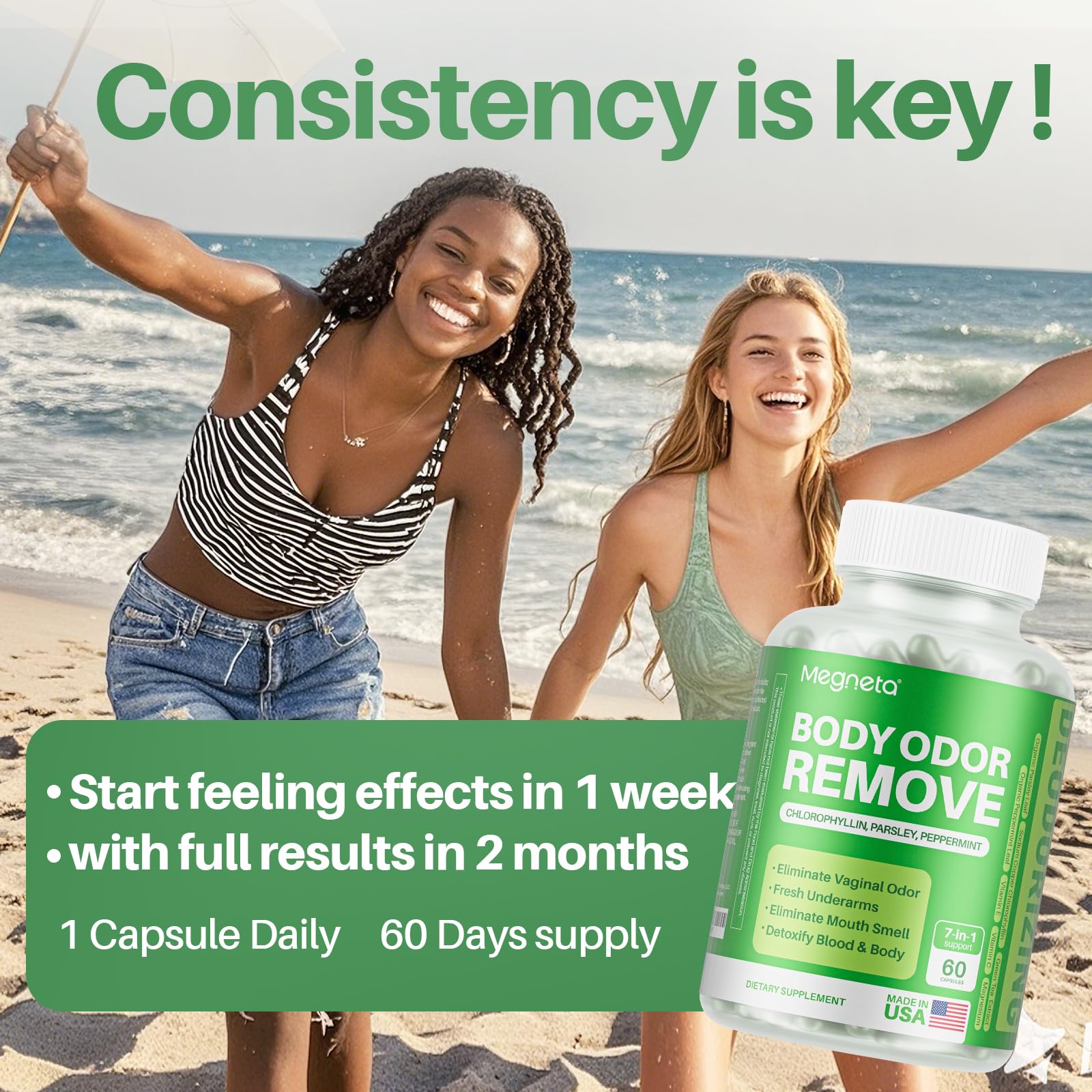 MEGNETA Body Deodorizing Supplement, Natural Internal Odor Control Pills for Men & Women, Chlorophyll Capsules for Skin, Breath and Gut Health (60 Capsules) - dailyvitalstore