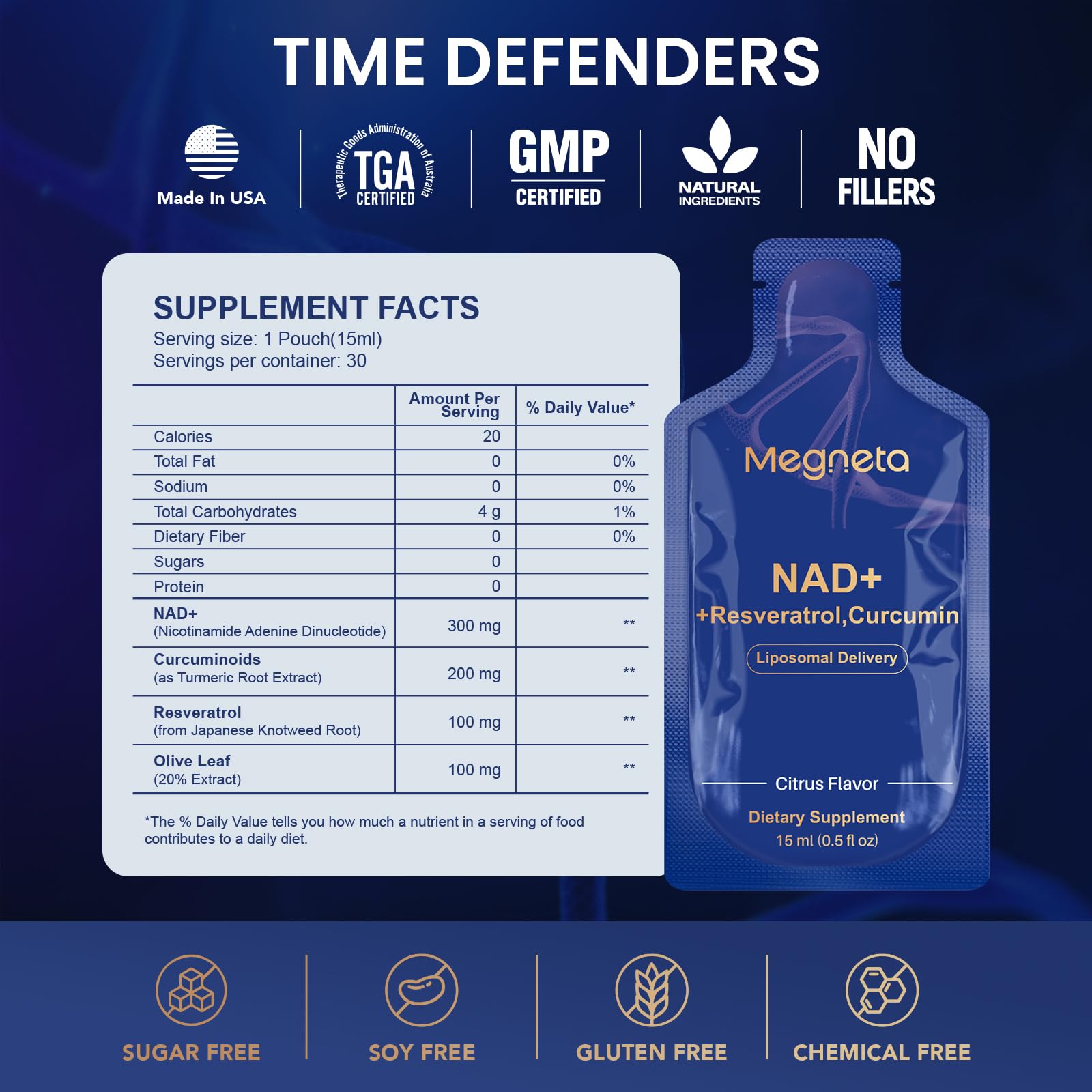 MEGNETA Liposomal NAD+ Supplement with Resveratrol, Anti-Aging, Energy Boost & Cellular Health Support, 15.2 fl. oz NAD Liquid for Men & Women (30 Pouch) - dailyvitalstore