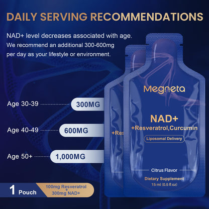 MEGNETA Liposomal NAD+ Supplement with Resveratrol, Anti-Aging, Energy Boost & Cellular Health Support, 15.2 fl. oz NAD Liquid for Men & Women (30 Pouch) - dailyvitalstore