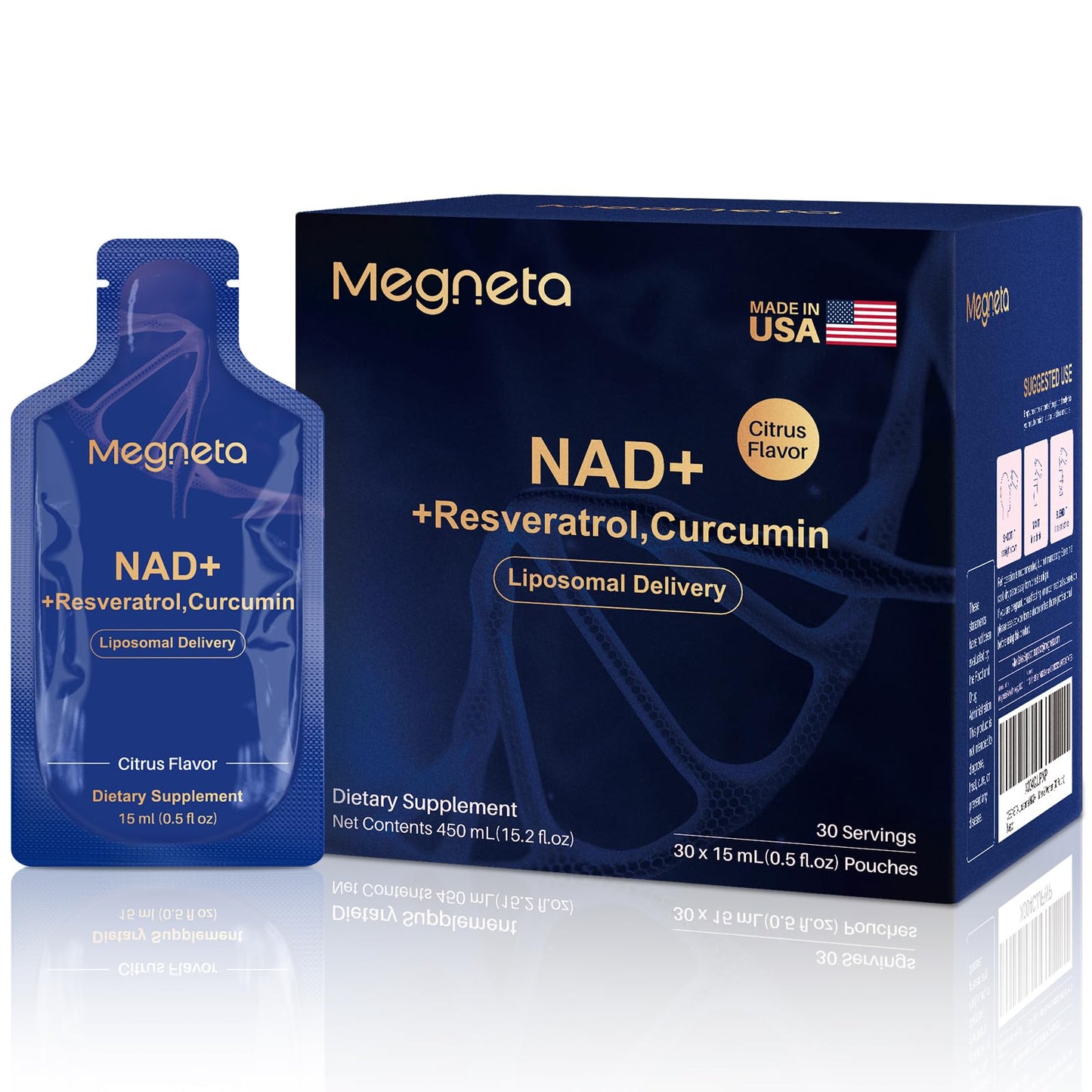 MEGNETA Liposomal NAD+ Supplement with Resveratrol, Anti-Aging, Energy Boost & Cellular Health Support, 15.2 fl. oz NAD Liquid for Men & Women (30 Pouch) - dailyvitalstore