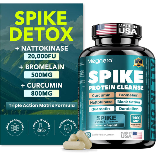 MEGNETA Spike Support - Nattokinase 20,000 FU/g, Bromelain 500mg & Curcumin 800mg – Triple-Action Enzyme Complex with Quercetin & Dandelion – Cardiovascular, Circulatory, Antioxidant & Immune Support - dailyvitalstore