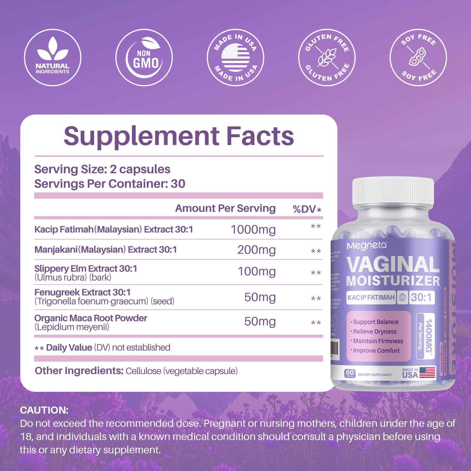 MEGNETA Vaginal Moisturizer, Kacip Fatimah 1,000mg & Manjakni 200mg for Female Health, Slippery Elm for Women, Vegan, 120 Capsules - dailyvitalstore