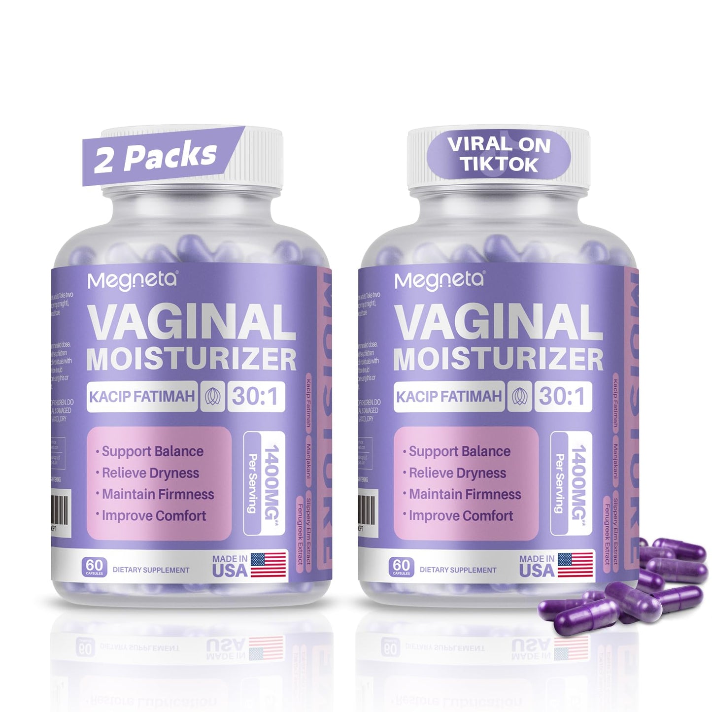 MEGNETA Vaginal Moisturizer, Kacip Fatimah 1,000mg & Manjakni 200mg for Female Health, Slippery Elm for Women, Vegan, 120 Capsules - dailyvitalstore