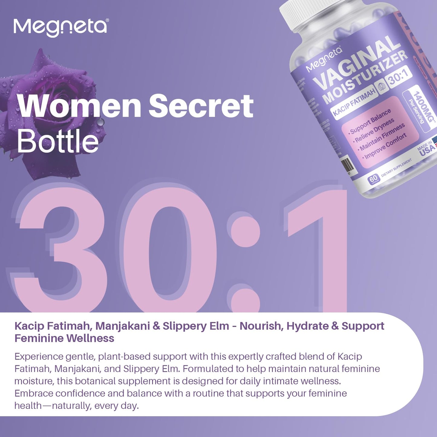 MEGNETA Vaginal Moisturizer, Kacip Fatimah 1,000mg & Manjakni 200mg for Female Health, Slippery Elm for Women, Vegan, 120 Capsules - dailyvitalstore