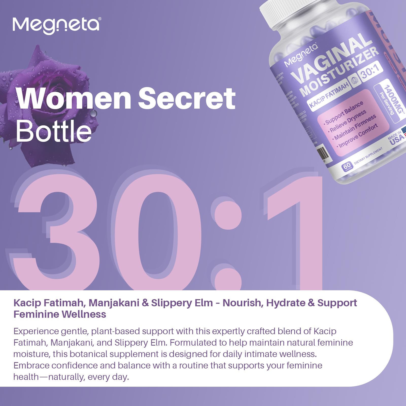 MEGNETA Vaginal Moisturizer, Kacip Fatimah 1,000mg & Manjakni 200mg for Female Health, Slippery Elm for Women, Vegan, 120 Capsules - dailyvitalstore