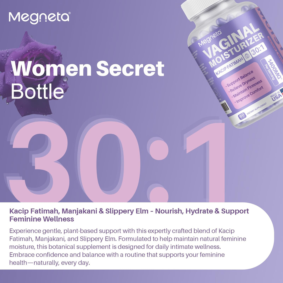 MEGNETA Vaginal Moisturizer, Kacip Fatimah 1,000mg & Manjakni 200mg for Female Intimate Health, Slippery Elm for Women, Vegan, 60 Capsules - dailyvitalstore