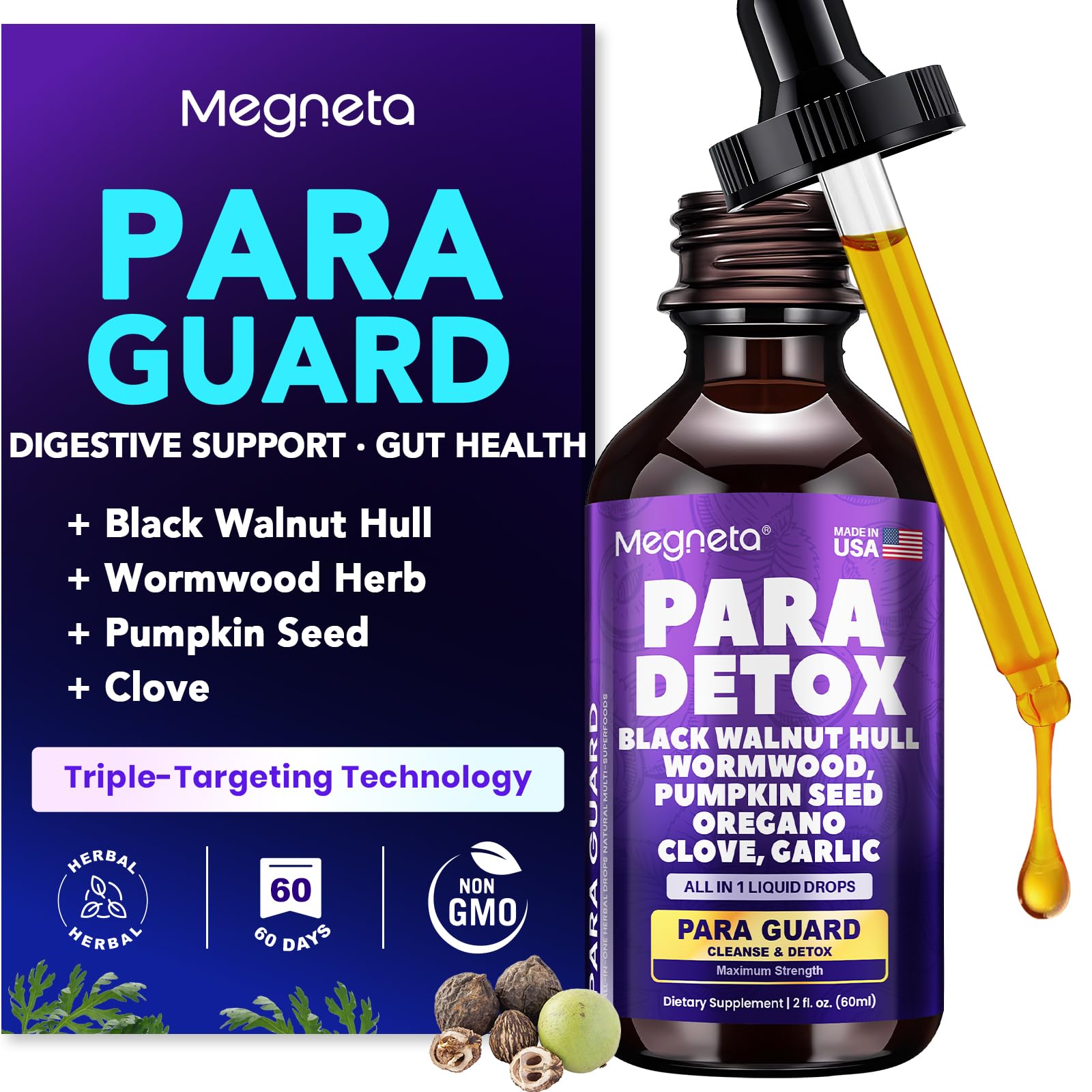MEGNETA Wormwood Black Walnut Clove Cleanse for Humans- Herbal Gut Cleanse & Digestive Support with Garlic, - dailyvitalstore