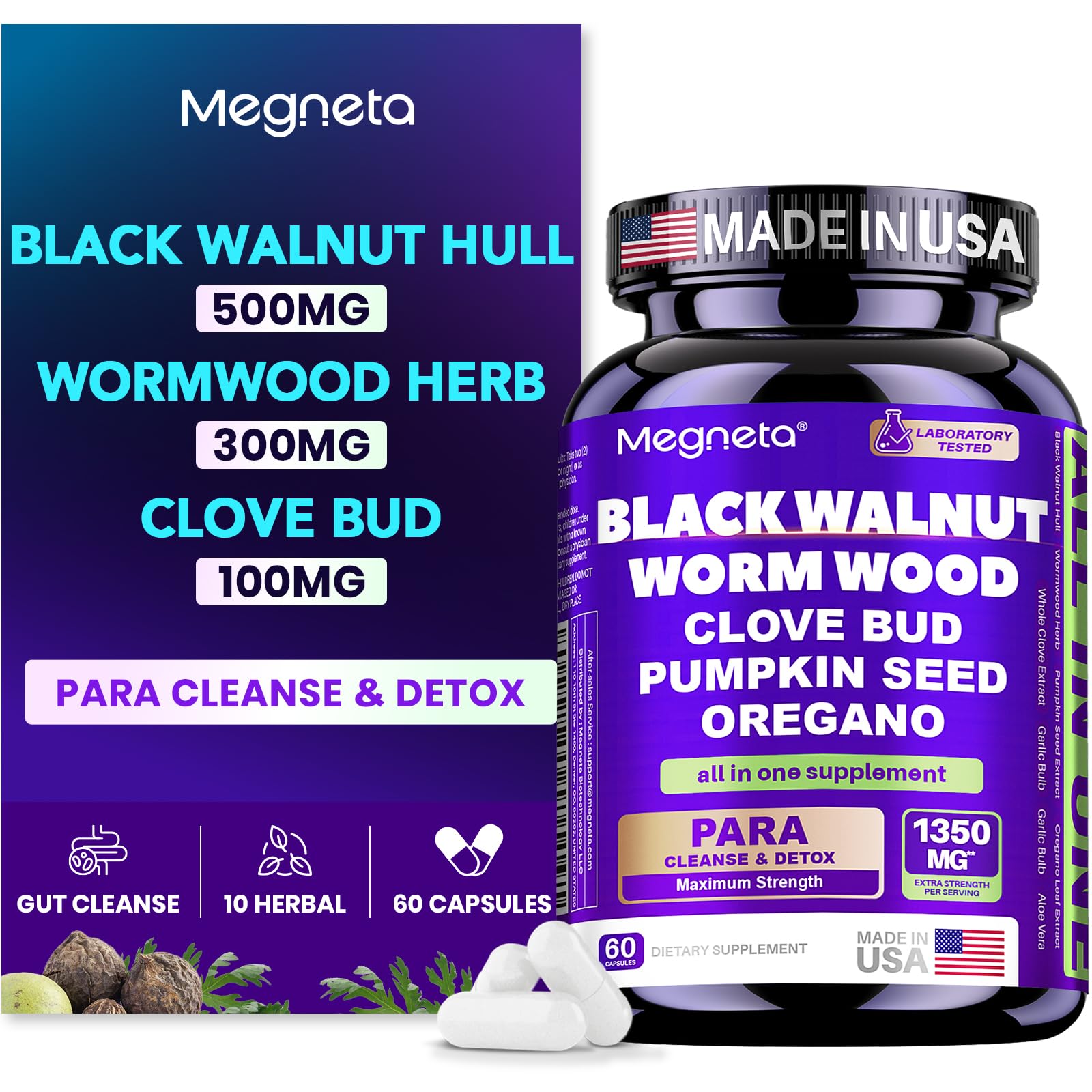 MEGNETA Wormwood Black Walnut Clove Cleanse for Humans, Intestinal Cleanse & Gut Detox with Pumpkin Seed & Oregano - dailyvitalstore
