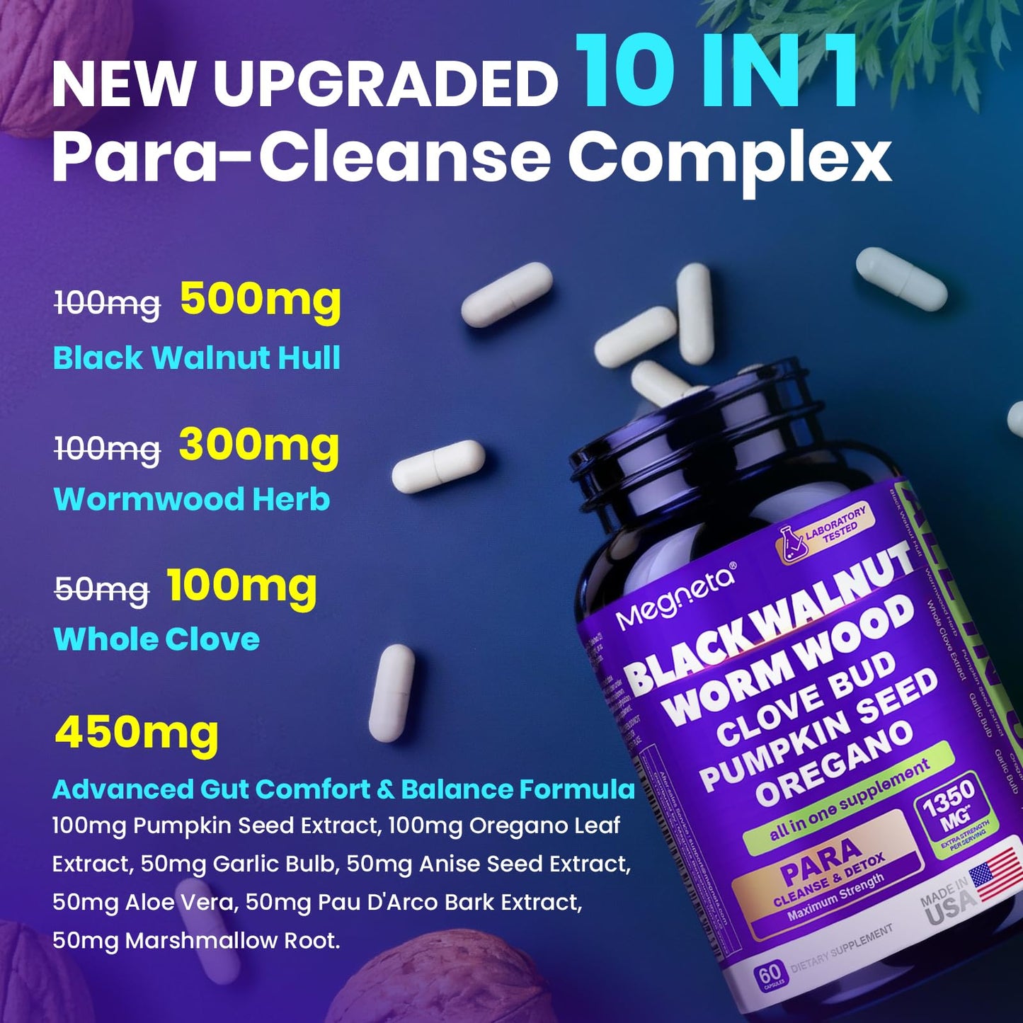 MEGNETA Wormwood Black Walnut Clove Cleanse for Humans, Intestinal Cleanse & Gut Detox with Pumpkin Seed & Oregano - dailyvitalstore