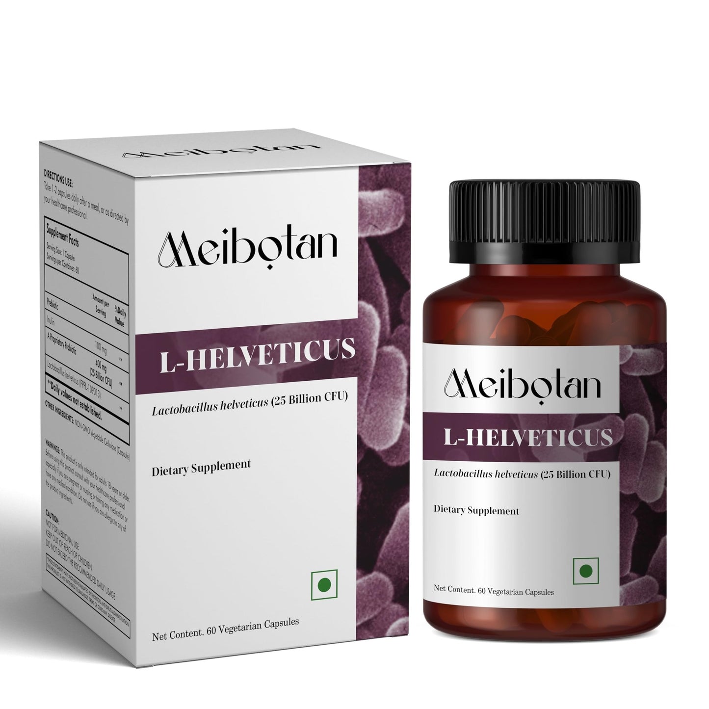 MEIBOTAN L-Helveticus Probiotic Bacteria with 25 Billion CFU for Women & Men, Helps Digestion, Nutrient Absorption and Fight Bad Bacterias - 60 Veggie Capsules - dailyvitalstore