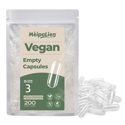 MéipaLien HPMC Empty Capsules Size 3-200 Clear Count Pill Capsules Empty - Plant-Based Cellulose | Vegetarian, Halal, Non-GMO | for DIY Supplement & Herbal Filling - dailyvitalstore