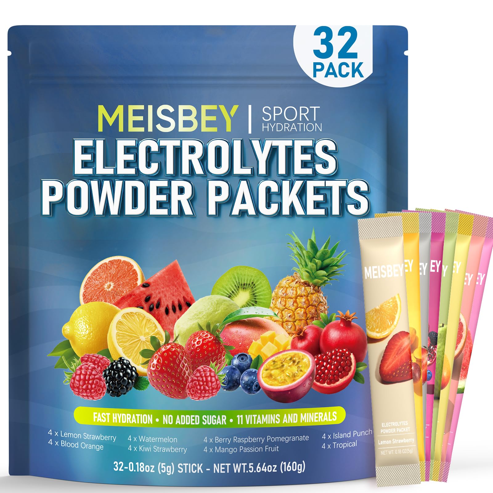 Meisbey Electrolyte Powder Packets – 32 Sticks Sugar Free Hydration Packets, Liquid Daily IV Electrolyte Hydration Powdered Drink Mix with Vitamins & Minerals, Keto Friendly, Vegan, Non-GMO - dailyvitalstore