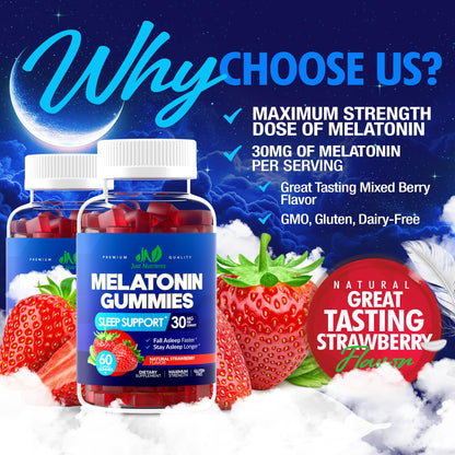 Melatonin 30mg Gummies for Adults (60 Servings) - Maximum Strength Sleep Support with 30mg of Melatonin Per Gummy - Gluten-Free, Sugar-Free, Non-GMO, 100% Vegetarian, - dailyvitalstore
