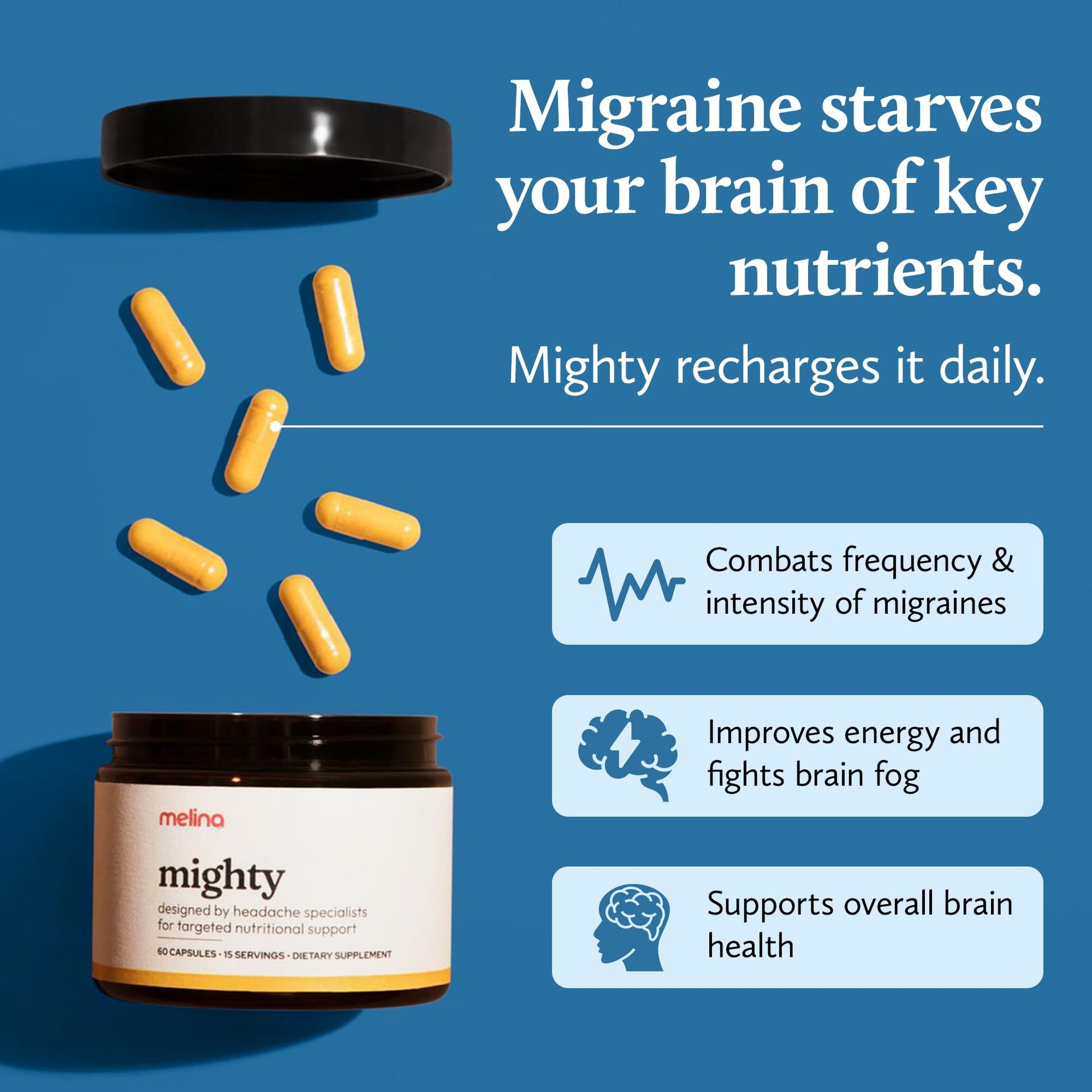 Melina Mighty Natural Migraine Relief Supplement - Magnesium, B2 Riboflavin 400mg, Feverfew, CoQ-10, ALCAR to Strengthen Migraine and Headache Prevention - 15 Servings (60 Caps) - dailyvitalstore