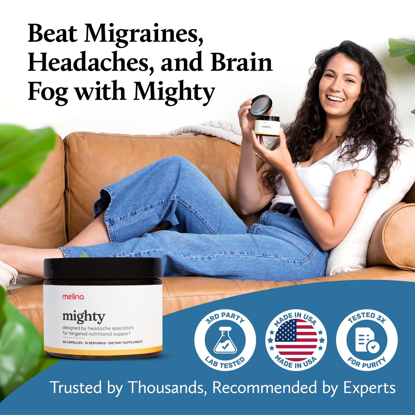 Melina Mighty Natural Migraine Relief Supplement - Magnesium, B2 Riboflavin 400mg, Feverfew, CoQ-10, ALCAR to Strengthen Migraine and Headache Prevention - 15 Servings (60 Caps) - dailyvitalstore