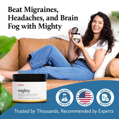 Melina Mighty Natural Migraine Relief Supplement - Magnesium, B2 Riboflavin 400mg, Feverfew, CoQ-10, ALCAR to Strengthen Migraine and Headache Prevention - 15 Servings (60 Caps) - dailyvitalstore