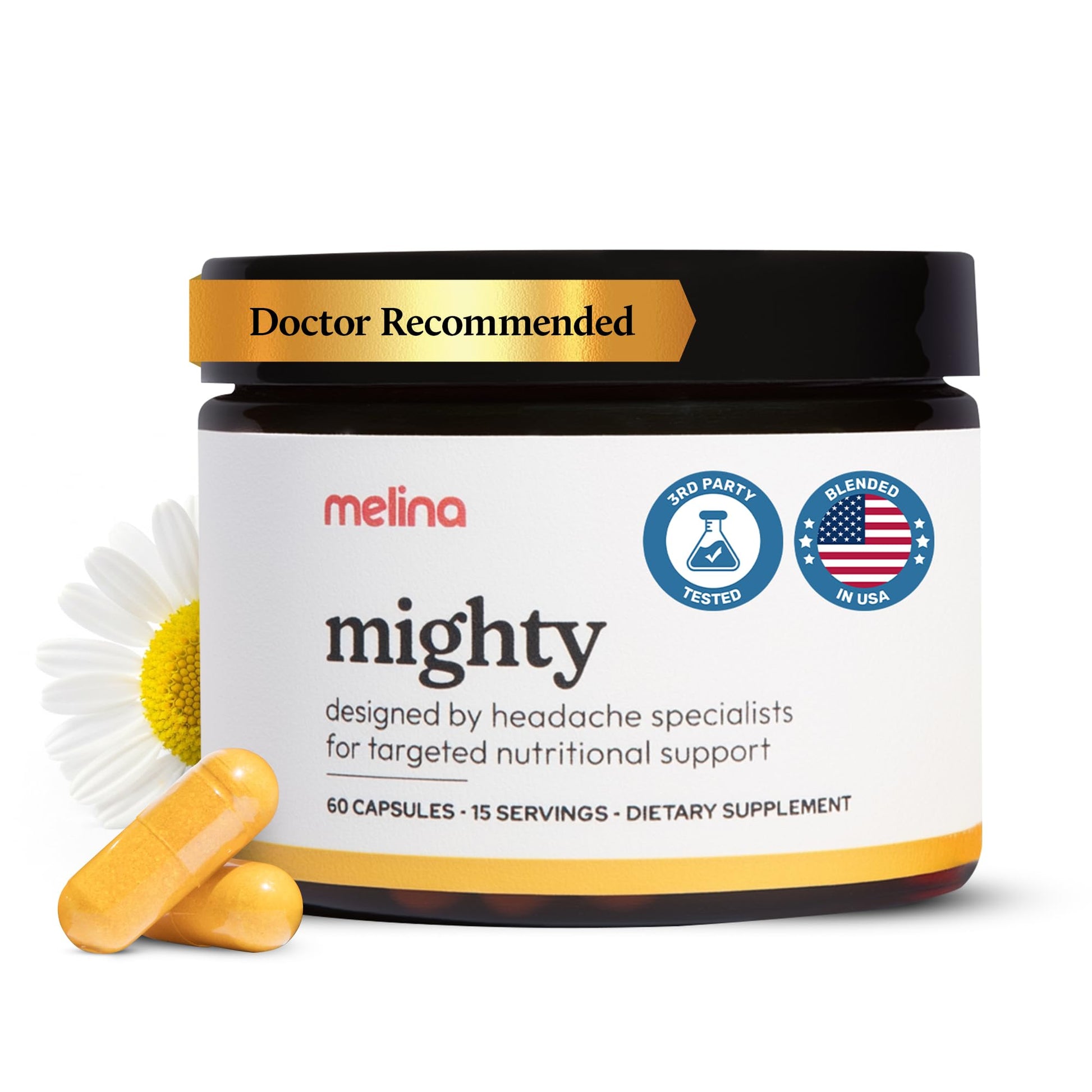 Melina Mighty Natural Migraine Relief Supplement - Magnesium, B2 Riboflavin 400mg, Feverfew, CoQ-10, ALCAR to Strengthen Migraine and Headache Prevention - 15 Servings (60 Caps) - dailyvitalstore