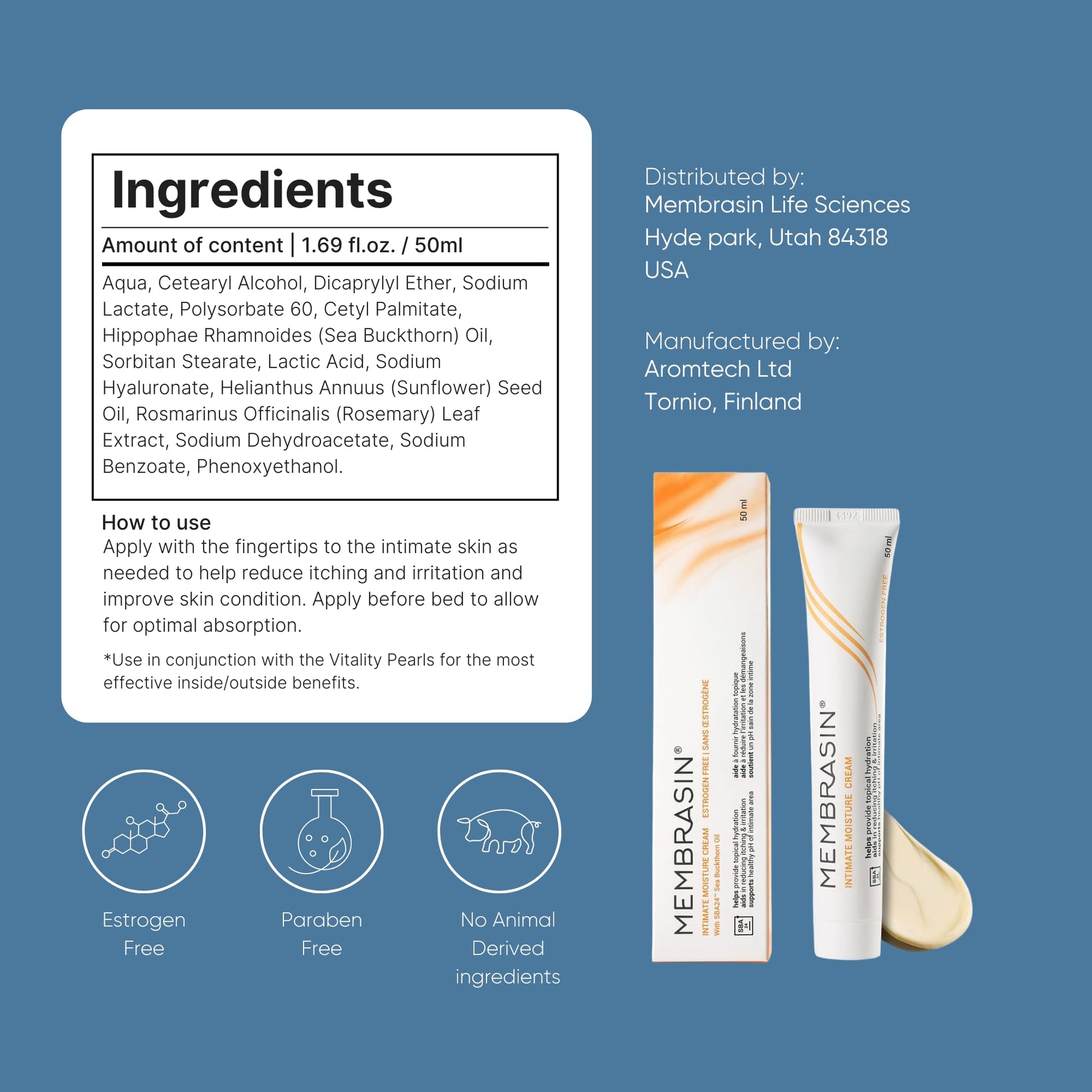 Membrasin Vaginal Moisture Cream with Hyaluronic Acid, Relieves Vaginal Dryness, Itching and Burning, Menopause Support, Hormone Free, Plant Based Formula with Omega 3 6 7 9 and Vitamin E, 50 ml - dailyvitalstore