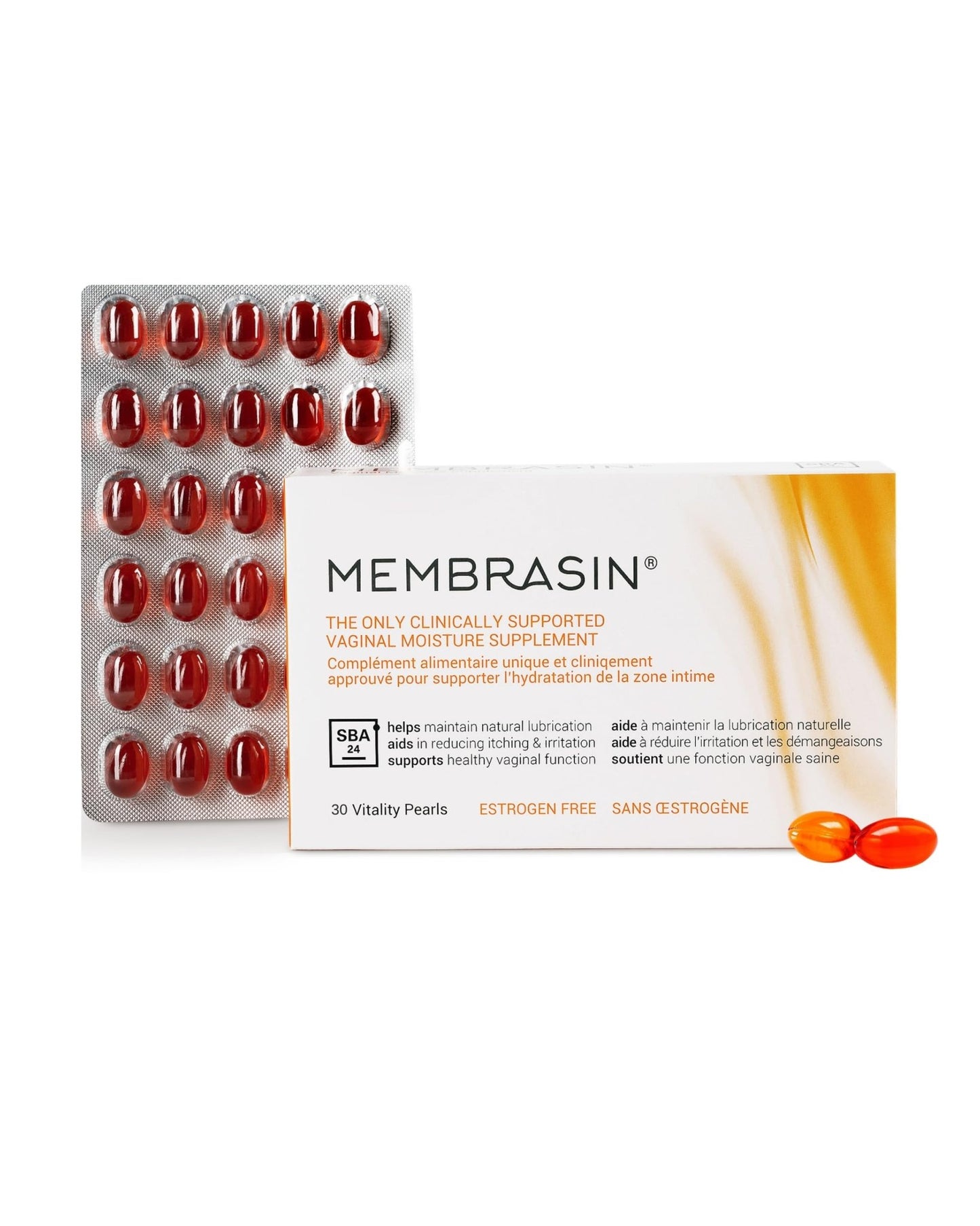 Membrasin Vaginal Moisture Support Vitality Pearls, Menopause Supplement for Vaginal Dryness & Itch, Estrogen-Free Supplement, 100% Natural Formula, Made with Sea Buckthorn Oil, 30 Oral Softgels - dailyvitalstore