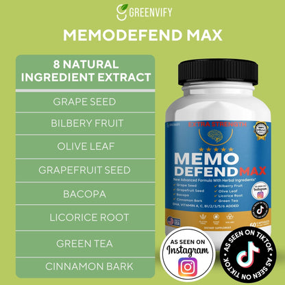 Memo Defend Max Memory Support Supplement, 60 Capsules, with Vitamins A C D E B Complex, DHA, Bacopa, Grapefruit Seed (1) - dailyvitalstore