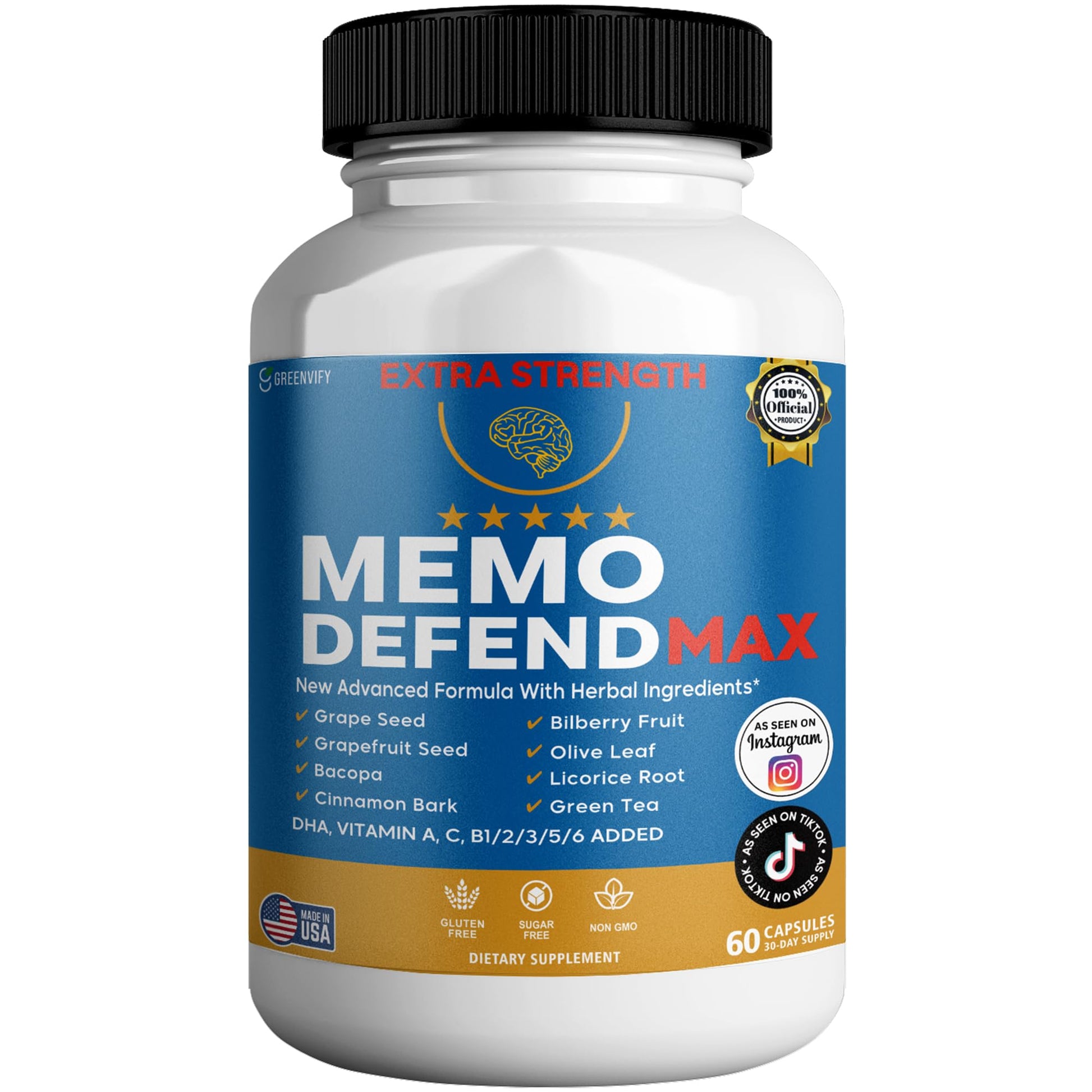 Memo Defend Max Memory Support Supplement, 60 Capsules, with Vitamins A C D E B Complex, DHA, Bacopa, Grapefruit Seed (1) - dailyvitalstore
