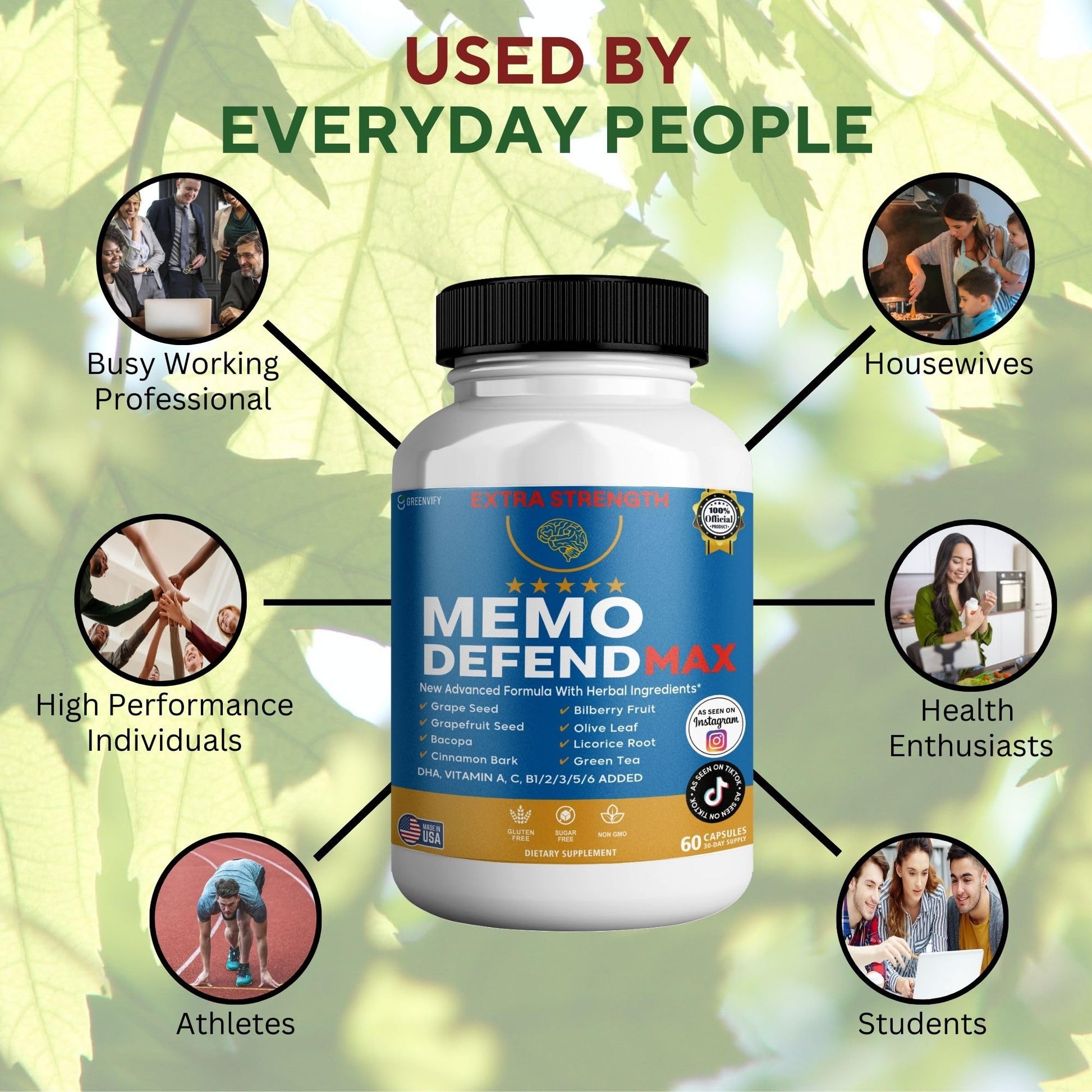Memo Defend Max Memory Support Supplement, 60 Capsules, with Vitamins A C D E B Complex, DHA, Bacopa, Grapefruit Seed (1) - dailyvitalstore