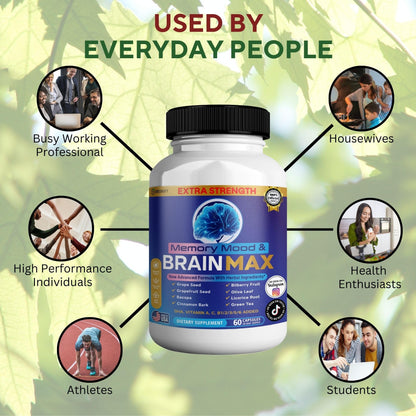 Memory, Mood & Brain Max Extra Strength Supplement with Herbal Ingredients, 60 Capsules, DHA, Vitamins, Bacopa, Green Tea (1) - dailyvitalstore