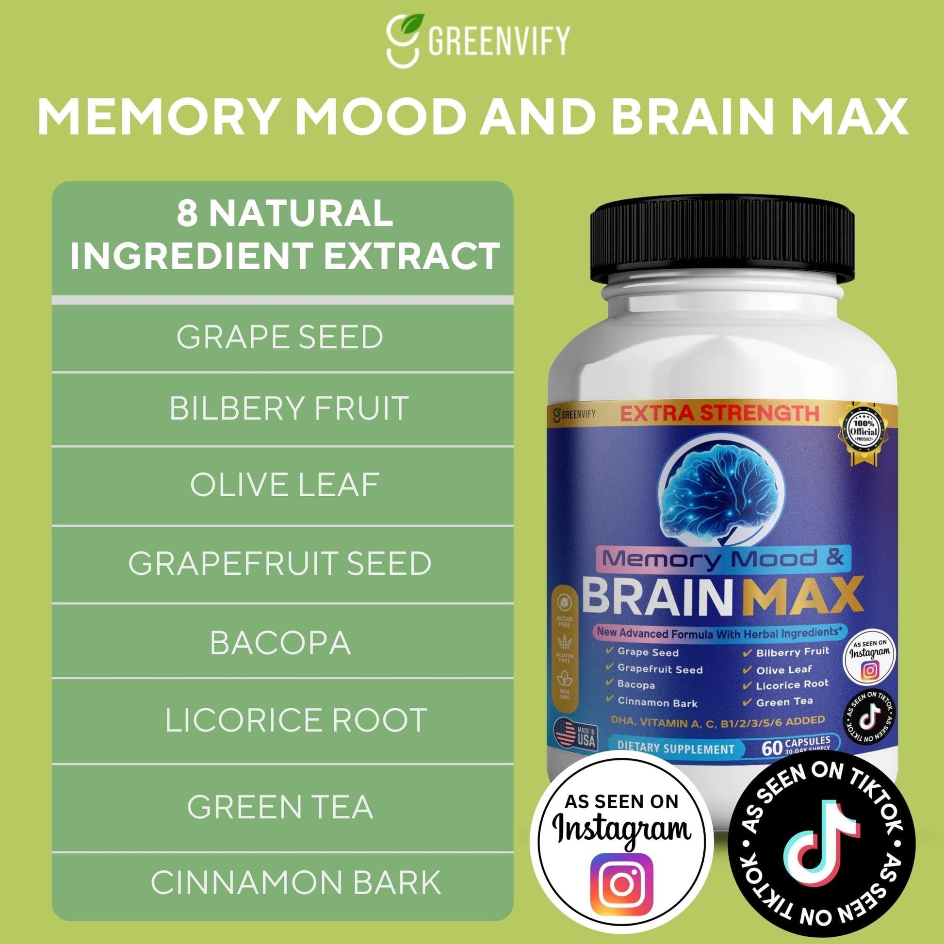 Memory, Mood & Brain Max Extra Strength Supplement with Herbal Ingredients, 60 Capsules, DHA, Vitamins, Bacopa, Green Tea (1) - dailyvitalstore