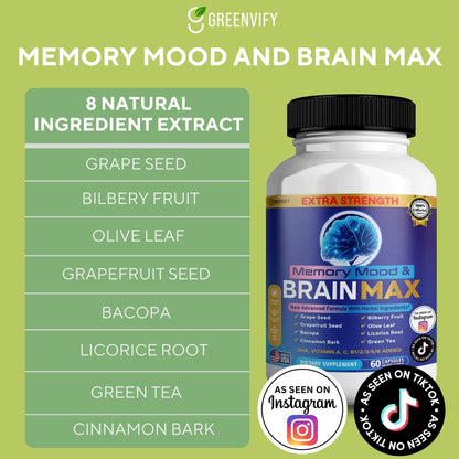 Memory, Mood & Brain Max Extra Strength Supplement with Herbal Ingredients, 60 Capsules, DHA, Vitamins, Bacopa, Green Tea (1) - dailyvitalstore