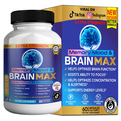 Memory, Mood & Brain Max Extra Strength Supplement with Herbal Ingredients, 60 Capsules, DHA, Vitamins, Bacopa, Green Tea (1) - dailyvitalstore