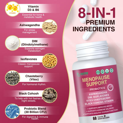 Menopause Supplements for Women with Probiotics, DIM, Black Cohosh, Chasteberry & Soy Isoflavones Support Hormone Balance & Helps Relieve Hot Flashes, Night Sweats - 60 Servings (Made & Tested in USA) - dailyvitalstore