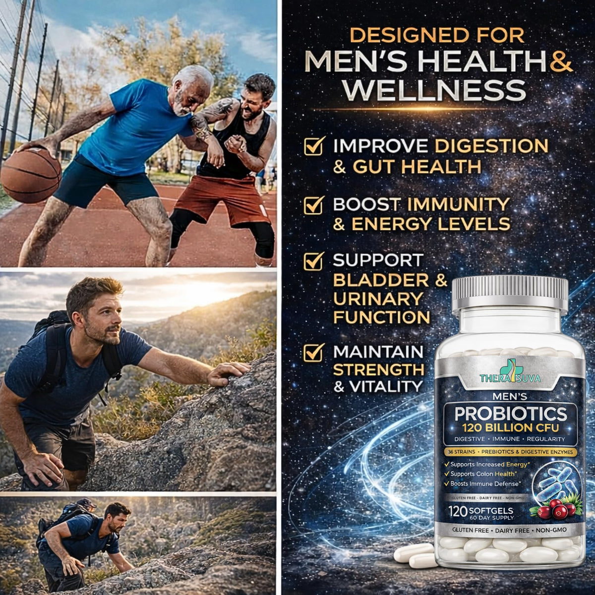 Men’s Advanced Probiotics 120 Billion CFU - 36 Strains + Prebiotics, Enzymes & Veggie Blend for Gut, Immune & Colon Health - 2 Month Supply, 120 Softgels - dailyvitalstore