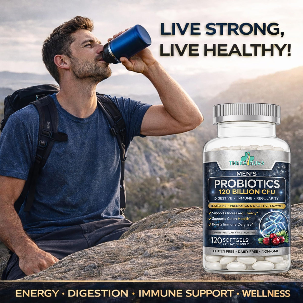Men’s Advanced Probiotics 120 Billion CFU - 36 Strains + Prebiotics, Enzymes & Veggie Blend for Gut, Immune & Colon Health - 2 Month Supply, 120 Softgels - dailyvitalstore