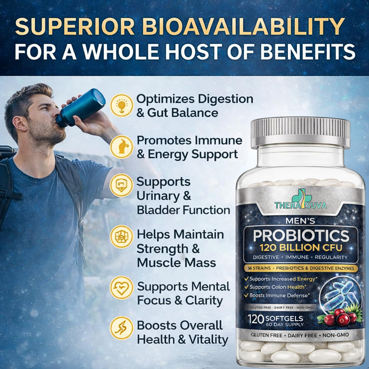 Men’s Advanced Probiotics 120 Billion CFU - 36 Strains + Prebiotics, Enzymes & Veggie Blend for Gut, Immune & Colon Health - 2 Month Supply, 120 Softgels - dailyvitalstore