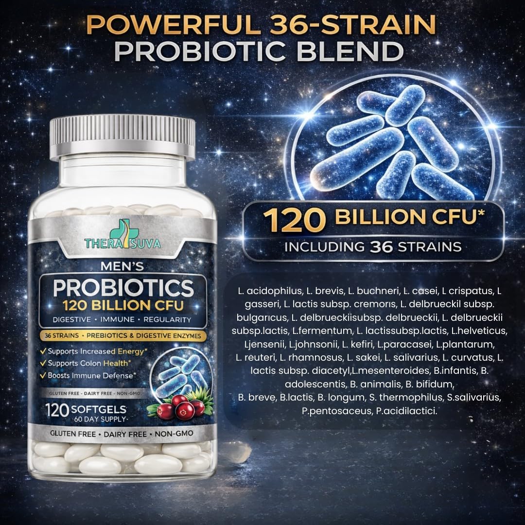 Men’s Advanced Probiotics 120 Billion CFU - 36 Strains + Prebiotics, Enzymes & Veggie Blend for Gut, Immune & Colon Health - 2 Month Supply, 120 Softgels - dailyvitalstore