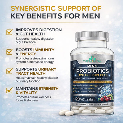 Men’s Advanced Probiotics 120 Billion CFU - 36 Strains + Prebiotics, Enzymes & Veggie Blend for Gut, Immune & Colon Health - 2 Month Supply, 120 Softgels - dailyvitalstore