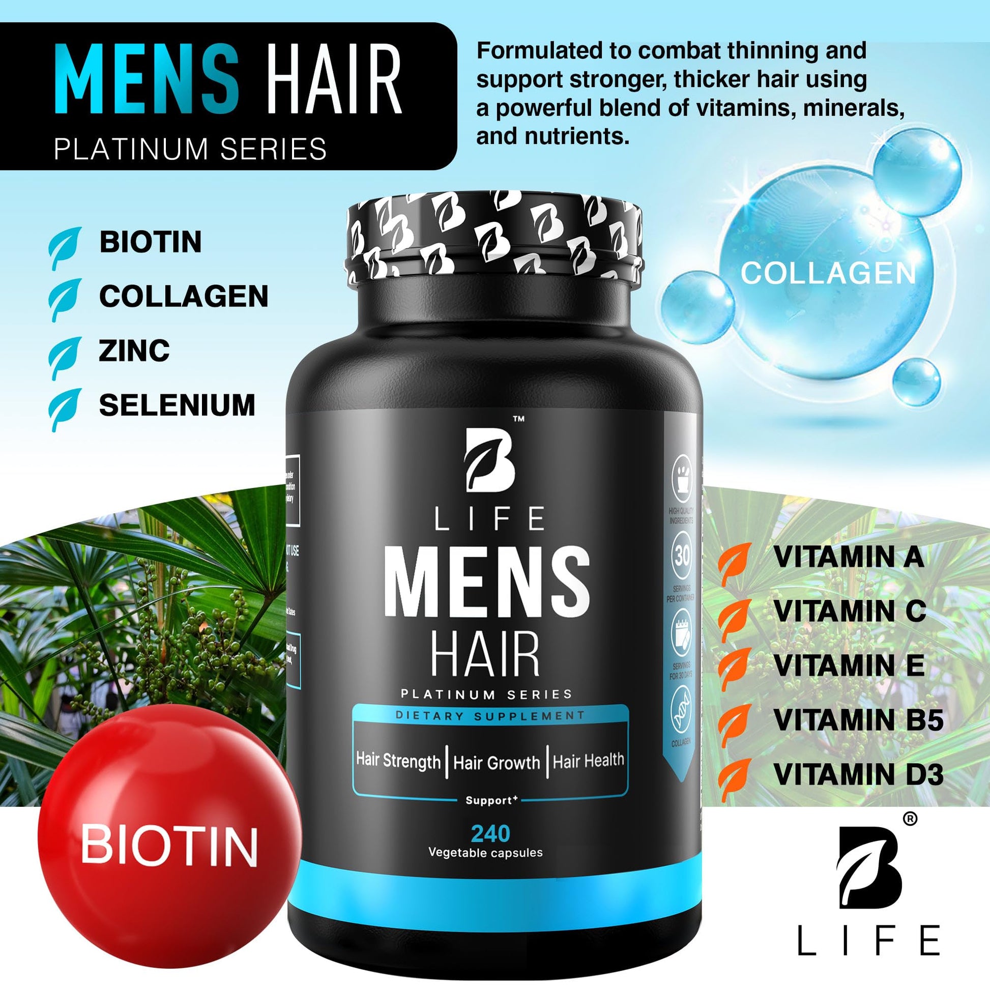 Men’s Hair Growth Supplement – Biotin & Collagen Hair Vitamins for Men – Thicker, Fuller Hair, Nail & Scalp Support – Hair Loss Supplement with Zinc, Selenium & Vitamins A C D E – 240 Capsules - dailyvitalstore