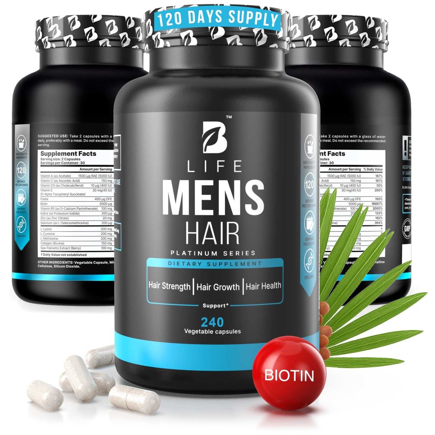 Men’s Hair Growth Supplement – Biotin & Collagen Hair Vitamins for Men – Thicker, Fuller Hair, Nail & Scalp Support – Hair Loss Supplement with Zinc, Selenium & Vitamins A C D E – 240 Capsules - dailyvitalstore