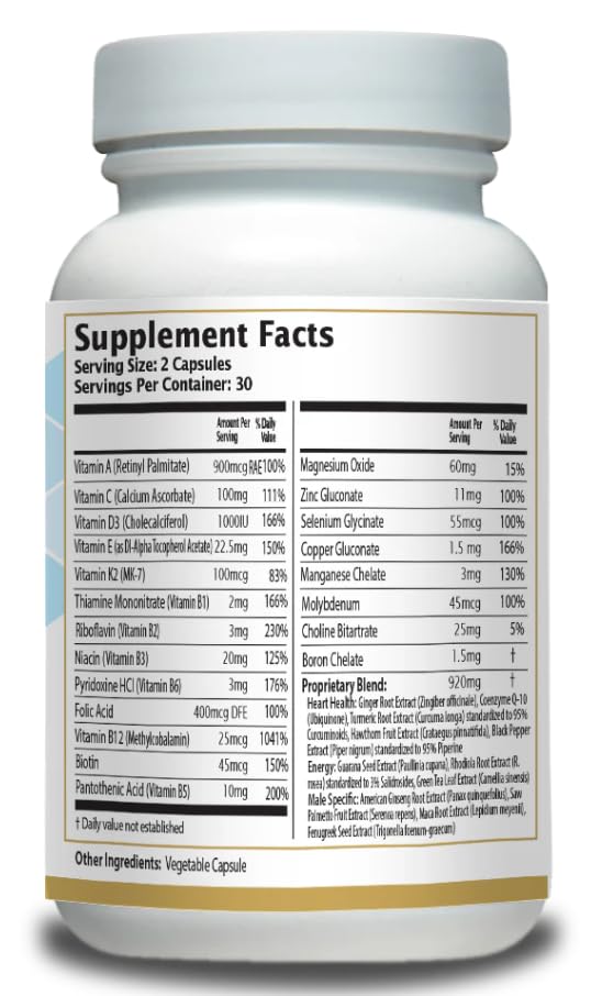 Men’s Multivitamin Supplement – Daily Energy, Immune & Heart Support – with Zinc, Magnesium, B12, CoQ10, Turmeric, Ginseng & More – 60 Vegetable Capsules – AnuMed - dailyvitalstore