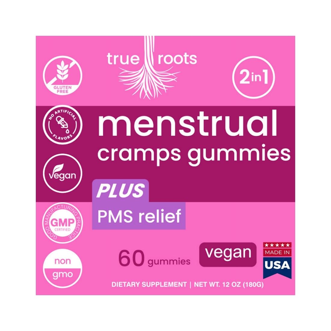 Menstrual Cramp Period Gummies True Roots | PMS Support Supplement for Women | Healthy Flow | Flo PMS Menstrual Cycle Relief, Cramping and Bloating | Vegan & Natural Flavors | 60 Count - dailyvitalstore
