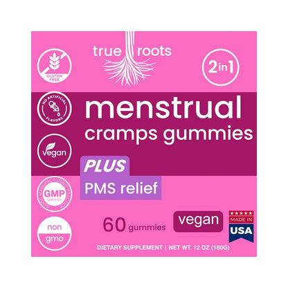 Menstrual Cramp Period Gummies True Roots | PMS Support Supplement for Women | Healthy Flow | Flo PMS Menstrual Cycle Relief, Cramping and Bloating | Vegan & Natural Flavors | 60 Count - dailyvitalstore