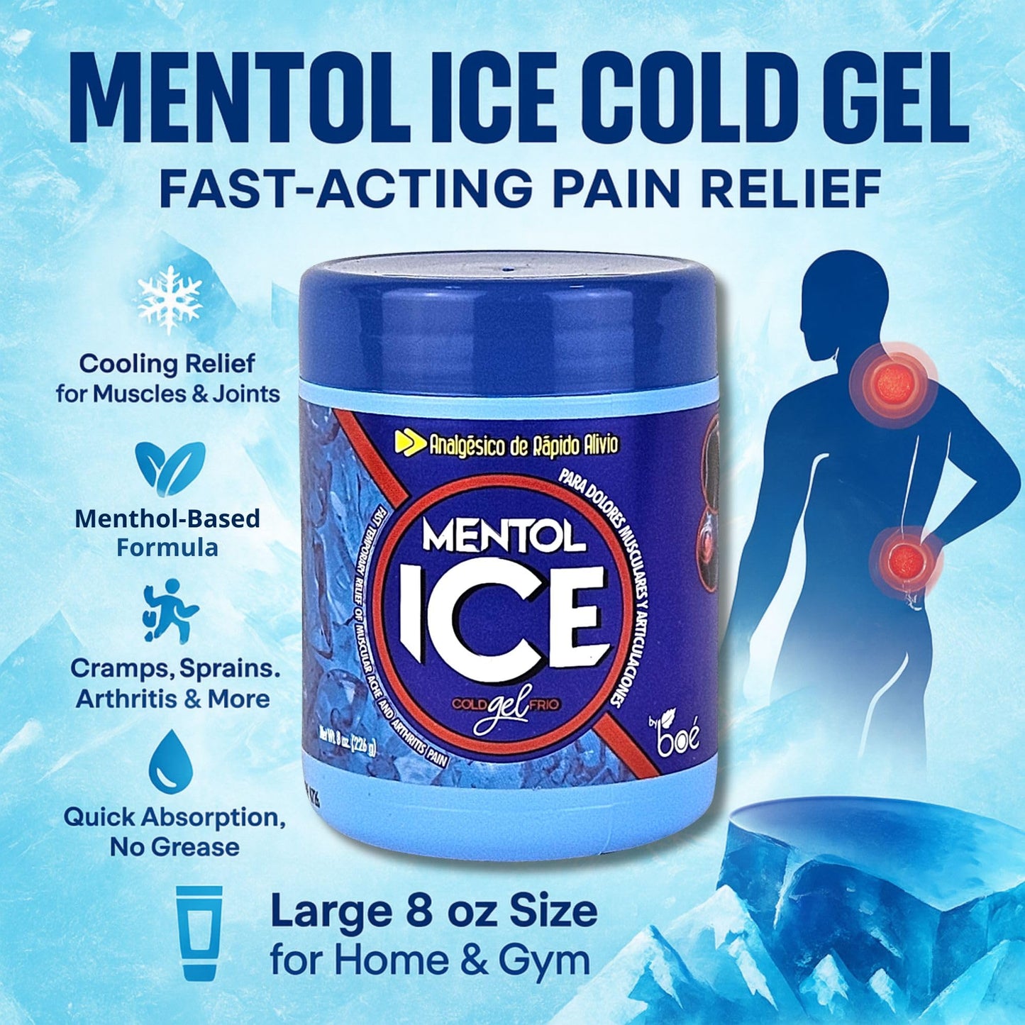 Mentol Ice Cold Gel – 8 oz Pain Relief Gel for Muscles & Joints – Fast-Acting Analgesic for Arthritis, Back Pain, Cramps, Sprains & Headaches – Non-Greasy & Quick Absorption - dailyvitalstore