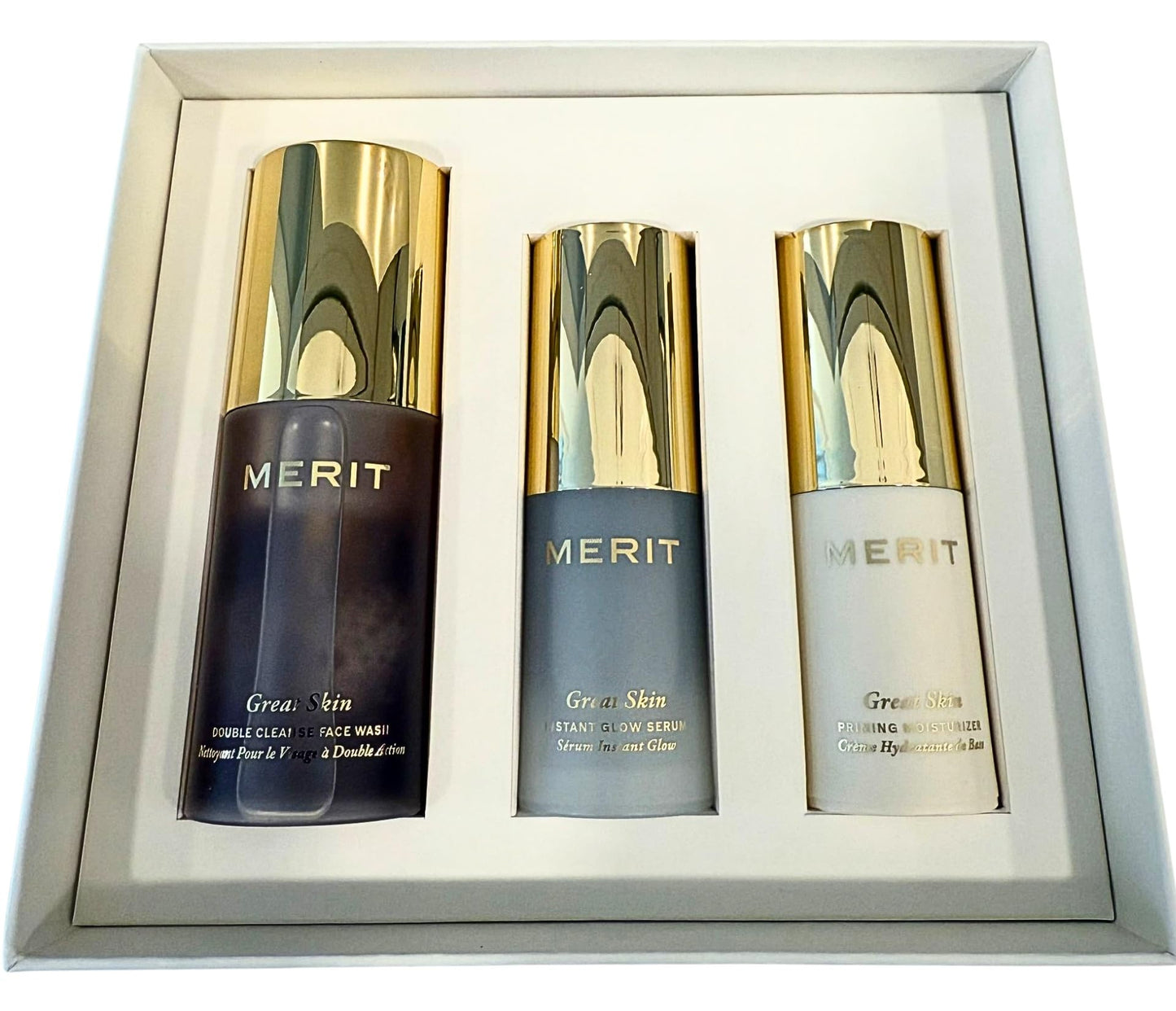 MERIT The Mini Great Skin Trio – Limited Edition Skincare Set with Double Cleanse Face Wash (15 ml), Instant Glow Serum (15 ml), and Priming Moisturizer (50 ml) - dailyvitalstore
