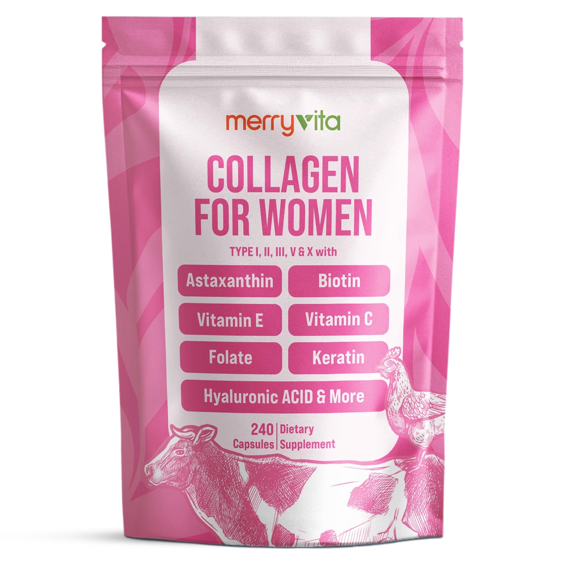 MERRY VITA Collagen for Women – Hydrolyzed Multi Collagen Peptides Types I, II, III, V & X – Collagen Supplement with Vitamin C, Biotin & Hyaluronic Acid – Grass Fed, Non-GMO, 240 Capsules - dailyvitalstore